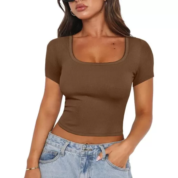 imageANRABESS Womens Crop Tops Slim Fit Short Sleeve Square Neck Basic Tees Going Out Ribbed Tight T ShirtsBrown