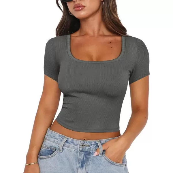 imageANRABESS Womens Crop Tops Slim Fit Short Sleeve Square Neck Basic Tees Going Out Ribbed Tight T ShirtsGrey