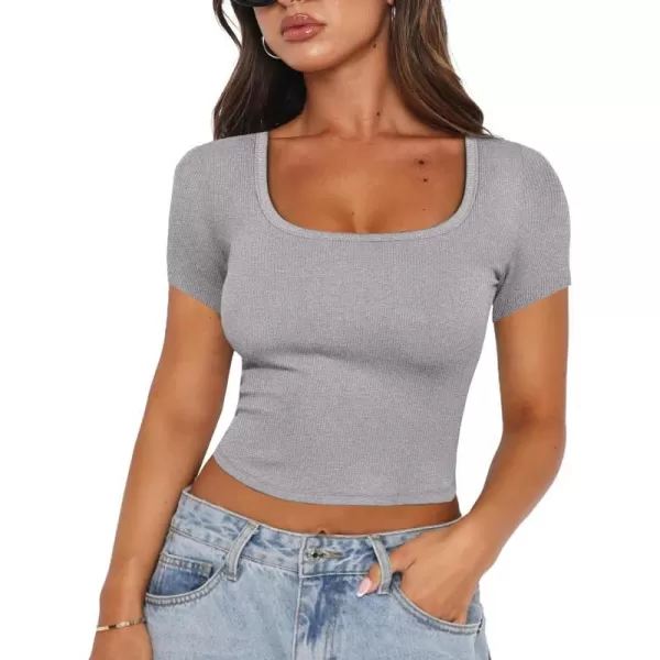 imageANRABESS Womens Crop Tops Slim Fit Short Sleeve Square Neck Basic Tees Going Out Ribbed Tight T ShirtsLight Grey