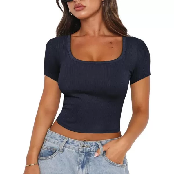 imageANRABESS Womens Crop Tops Slim Fit Short Sleeve Square Neck Basic Tees Going Out Ribbed Tight T ShirtsNavy Blue