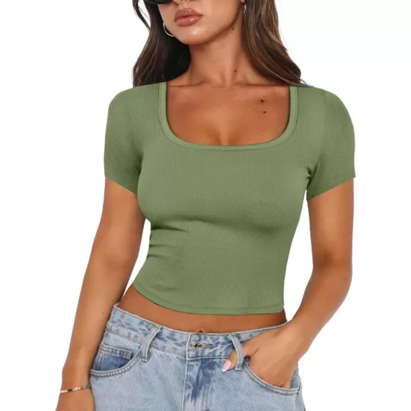imageANRABESS Womens Crop Tops Slim Fit Short Sleeve Square Neck Basic Tees Going Out Ribbed Tight T ShirtsPea