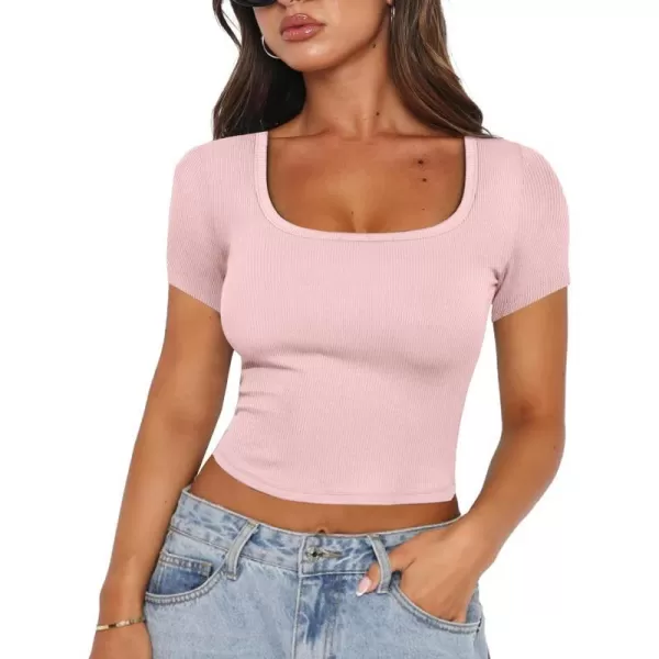 imageANRABESS Womens Crop Tops Slim Fit Short Sleeve Square Neck Basic Tees Going Out Ribbed Tight T ShirtsPink