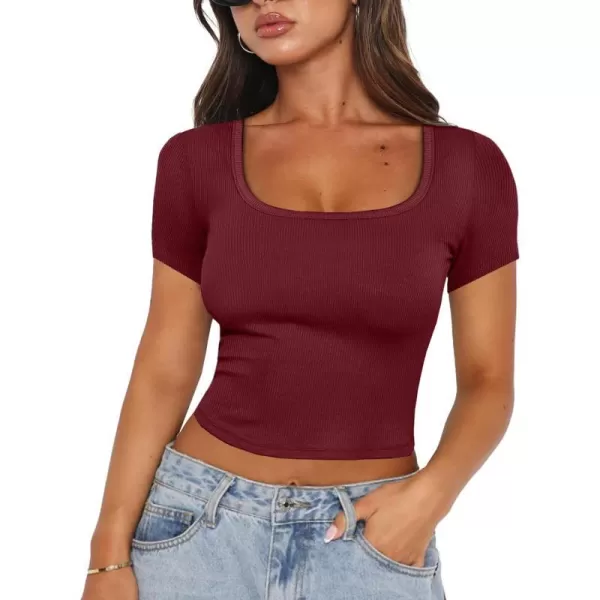 imageANRABESS Womens Crop Tops Slim Fit Short Sleeve Square Neck Basic Tees Going Out Ribbed Tight T ShirtsRust