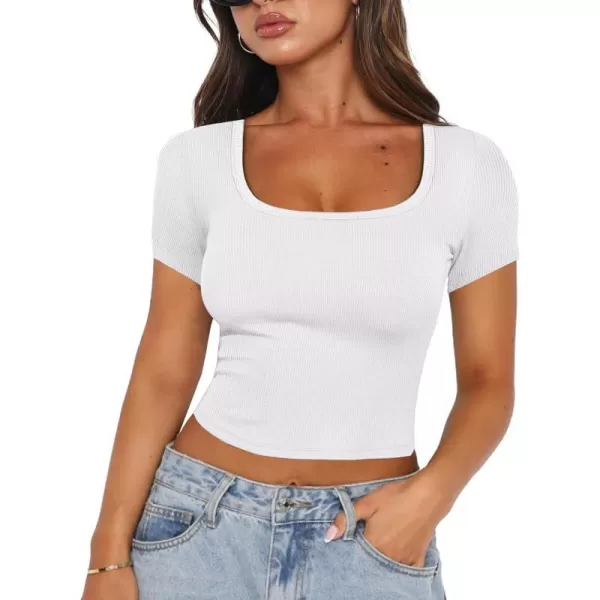 imageANRABESS Womens Crop Tops Slim Fit Short Sleeve Square Neck Basic Tees Going Out Ribbed Tight T ShirtsWhite