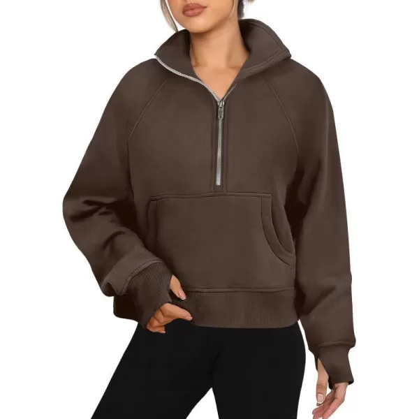 imageANRABESS Womens Cropped Sweatshirts Half Zip Pullover Fleece Quarter Zipper Hoodies 2023 Fall Clothes Sweater Thumb HoleBrown