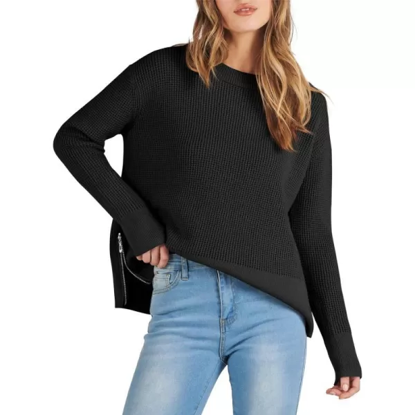 imageANRABESS Womens Cropped Waffle Knit Sweater 2023 Fall Crewneck Long Sleeve Casual Side Zipper Pullover Jumper with ThumbholesBlack