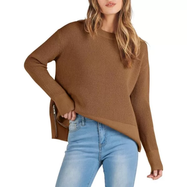 imageANRABESS Womens Cropped Waffle Knit Sweater 2023 Fall Crewneck Long Sleeve Casual Side Zipper Pullover Jumper with ThumbholesCaramel