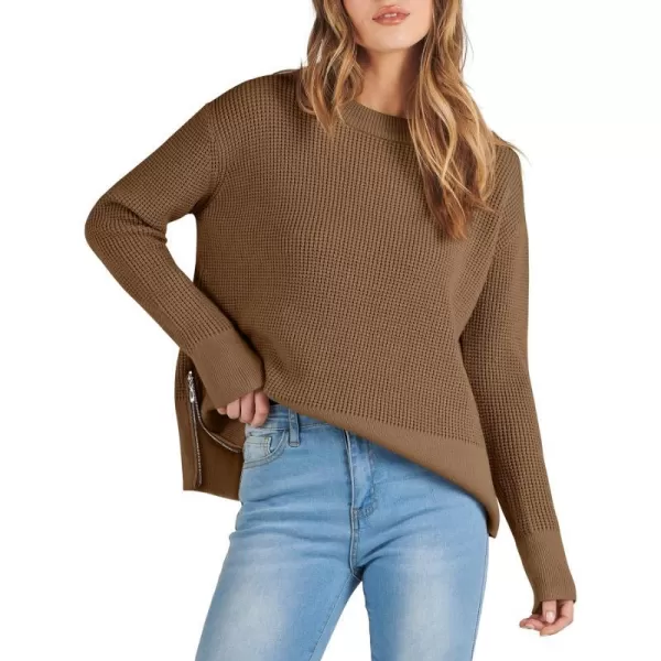 imageANRABESS Womens Cropped Waffle Knit Sweater 2023 Fall Crewneck Long Sleeve Casual Side Zipper Pullover Jumper with ThumbholesCoffee