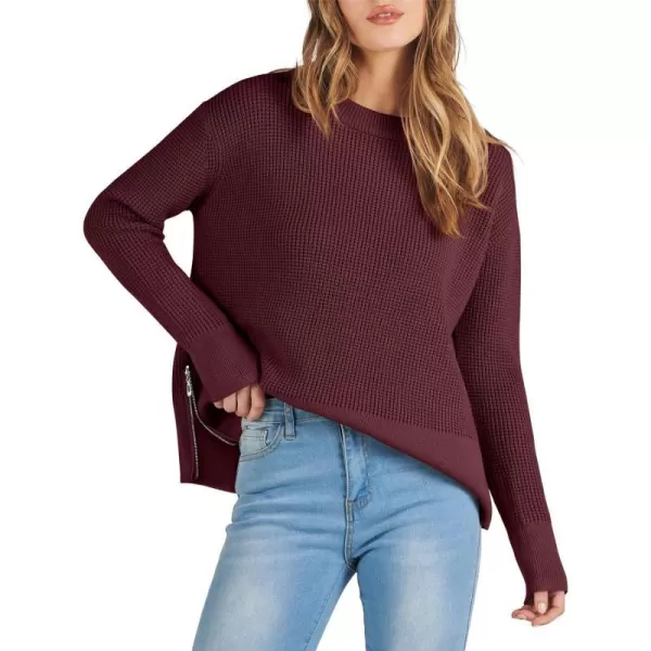 imageANRABESS Womens Cropped Waffle Knit Sweater 2023 Fall Crewneck Long Sleeve Casual Side Zipper Pullover Jumper with ThumbholesDeep Red