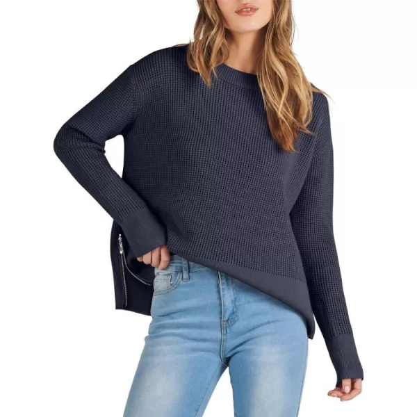 imageANRABESS Womens Cropped Waffle Knit Sweater 2023 Fall Crewneck Long Sleeve Casual Side Zipper Pullover Jumper with ThumbholesNavy Blue