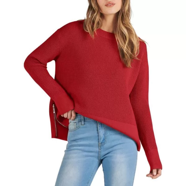 imageANRABESS Womens Cropped Waffle Knit Sweater 2023 Fall Crewneck Long Sleeve Casual Side Zipper Pullover Jumper with ThumbholesRed