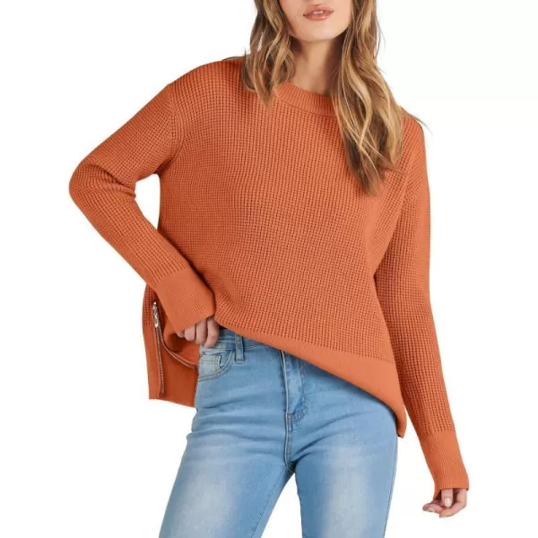 imageANRABESS Womens Cropped Waffle Knit Sweater 2023 Fall Crewneck Long Sleeve Casual Side Zipper Pullover Jumper with ThumbholesRust