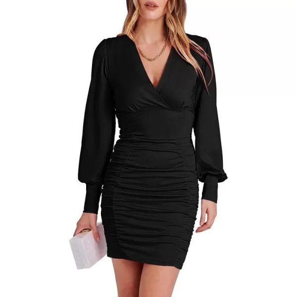 imageANRABESS Womens Deep V Neck Long Sleeve Short Cocktail Dress Sexy Ruched Bodycon Mini Party Club Night DressesBlack