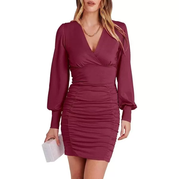 imageANRABESS Womens Deep V Neck Long Sleeve Short Cocktail Dress Sexy Ruched Bodycon Mini Party Club Night DressesBurgundy
