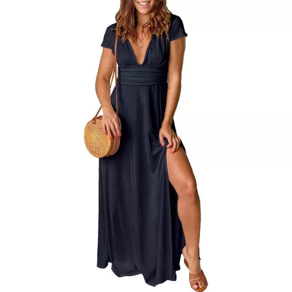 imageANRABESS Womens Deep V Neck Short Sleeve Long Dresses Pleated High Waist Slit Club Party Evening Maxi DressNavy Blue