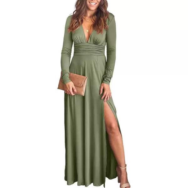 imageANRABESS Womens Deep V Neck Short Sleeve Long Dresses Pleated High Waist Slit Club Party Evening Maxi DressZarmy Green