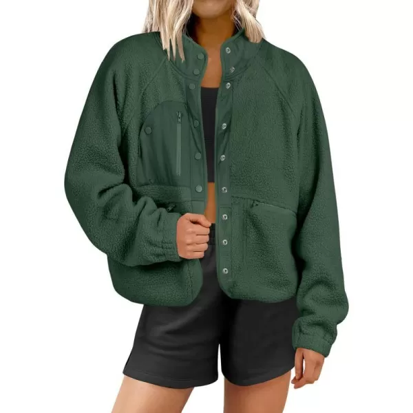 imageANRABESS Womens Fleece Jacket Button Down Shacket Casual Sherpa Cropped Coats Warm Outwear with PocketsArmy Green