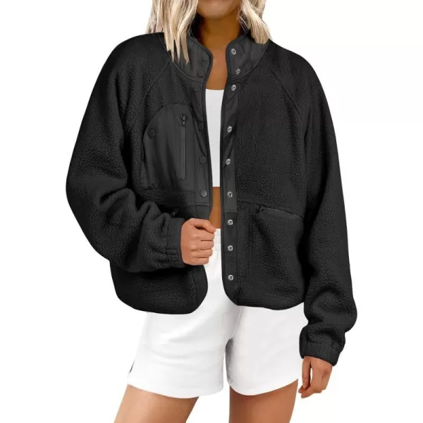 imageANRABESS Womens Fleece Jacket Button Down Shacket Casual Sherpa Cropped Coats Warm Outwear with PocketsBlack