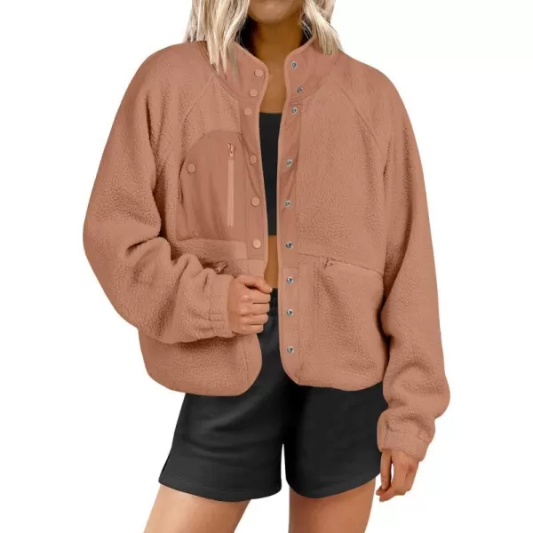 imageANRABESS Womens Fleece Jacket Button Down Shacket Casual Sherpa Cropped Coats Warm Outwear with PocketsBrown