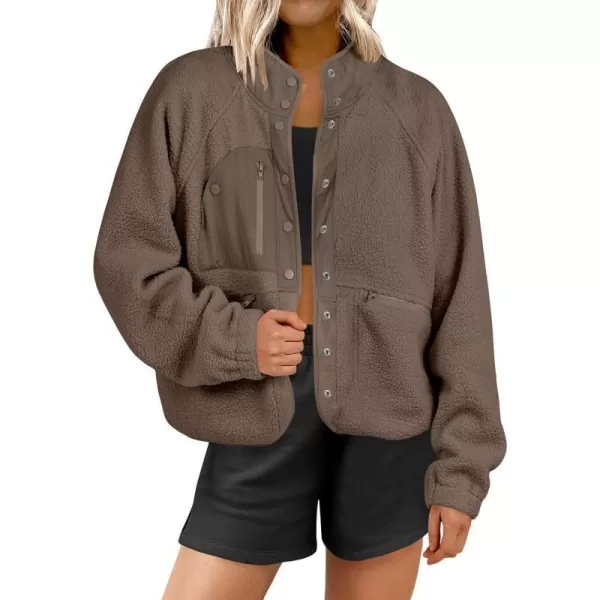 imageANRABESS Womens Fleece Jacket Button Down Shacket Casual Sherpa Cropped Coats Warm Outwear with PocketsCoffee