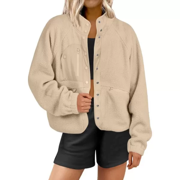 imageANRABESS Womens Fleece Jacket Button Down Shacket Casual Sherpa Cropped Coats Warm Outwear with PocketsKhaki