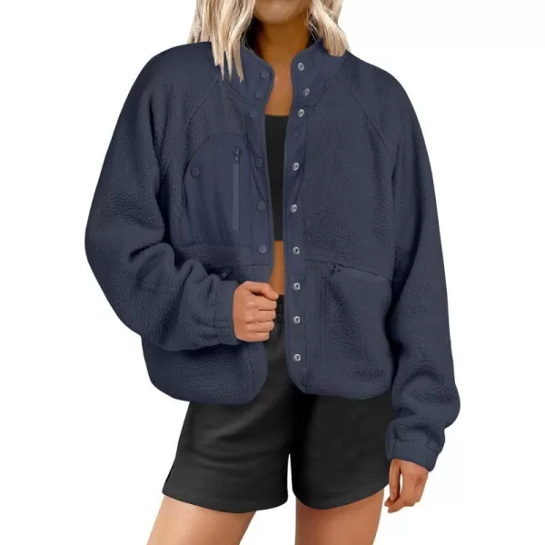 imageANRABESS Womens Fleece Jacket Button Down Shacket Casual Sherpa Cropped Coats Warm Outwear with PocketsNavy Blue