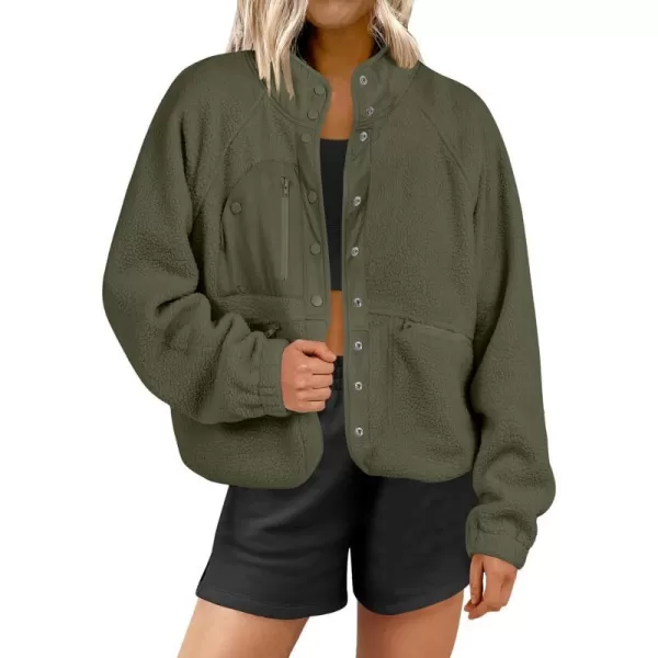 imageANRABESS Womens Fleece Jacket Button Down Shacket Casual Sherpa Cropped Coats Warm Outwear with PocketsOlive