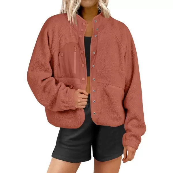 imageANRABESS Womens Fleece Jacket Button Down Shacket Casual Sherpa Cropped Coats Warm Outwear with PocketsRust