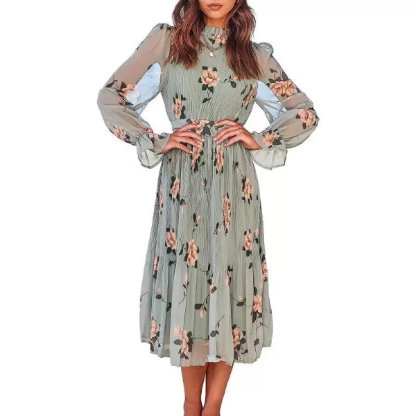 imageANRABESS Womens Floral Midi Dress Puff Long Sleeve Ruffle Trim Smocked Aline Pleated Swing Chiffon Dresses with BeltFloral Green