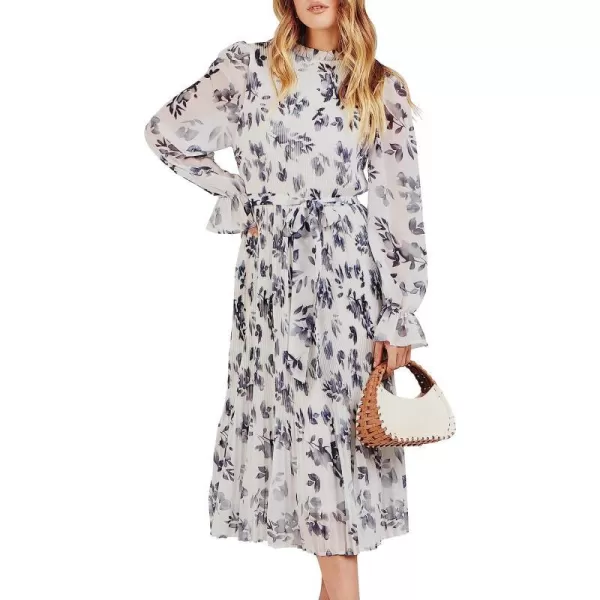 imageANRABESS Womens Floral Midi Dress Puff Long Sleeve Ruffle Trim Smocked Aline Pleated Swing Chiffon Dresses with BeltLeaf White
