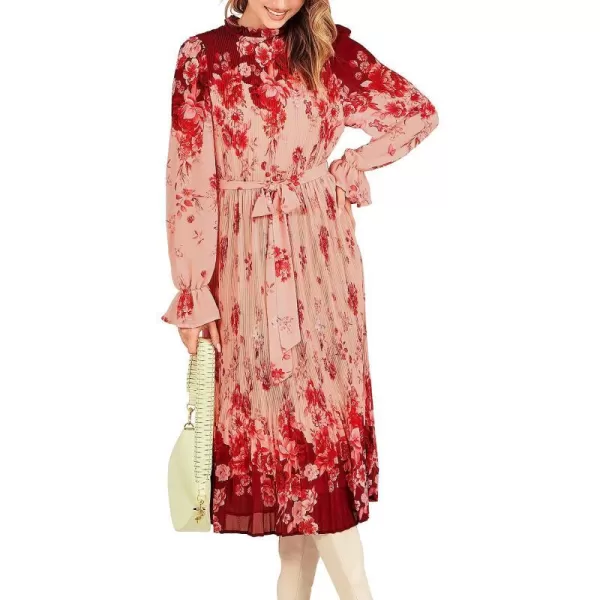 imageANRABESS Womens Floral Midi Dress Puff Long Sleeve Ruffle Trim Smocked Aline Pleated Swing Chiffon Dresses with BeltRose Pink