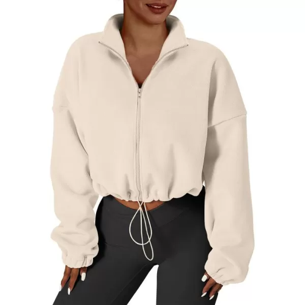 imageANRABESS Womens Full Zip Cropped Fleece Sherpa Jackets Oversized Long Sleeve Workout 2023 Fall Winter Coats OutwearApricot
