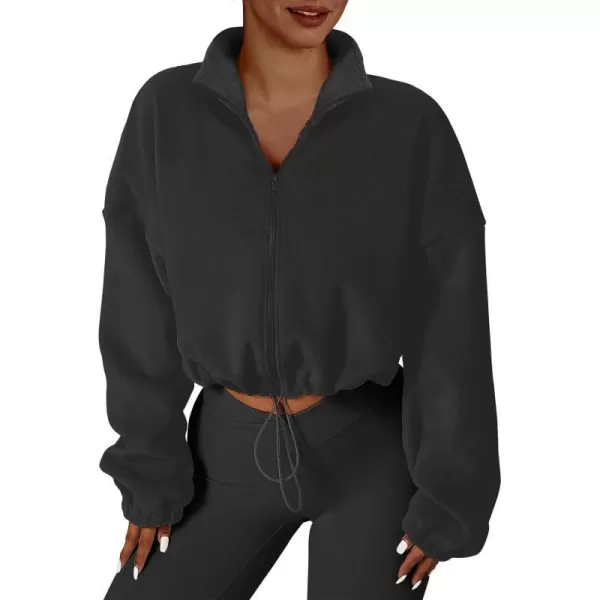 imageANRABESS Womens Full Zip Cropped Fleece Sherpa Jackets Oversized Long Sleeve Workout 2023 Fall Winter Coats OutwearBlack