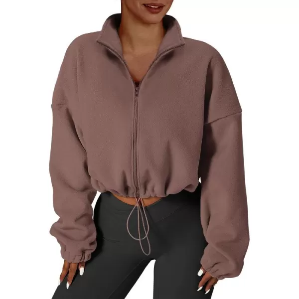 imageANRABESS Womens Full Zip Cropped Fleece Sherpa Jackets Oversized Long Sleeve Workout 2023 Fall Winter Coats OutwearBrown