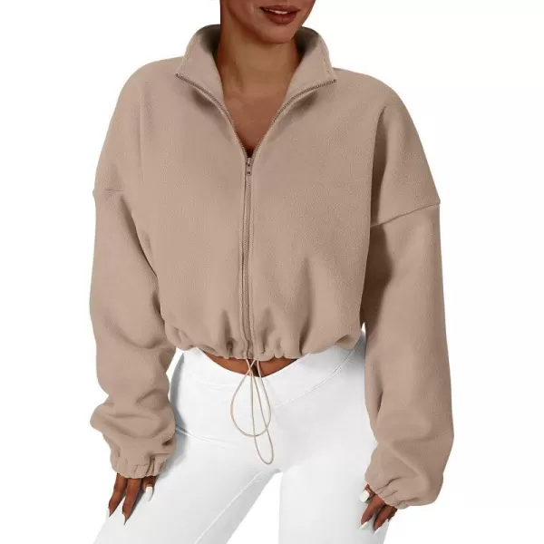 imageANRABESS Womens Full Zip Cropped Fleece Sherpa Jackets Oversized Long Sleeve Workout 2023 Fall Winter Coats OutwearCamel