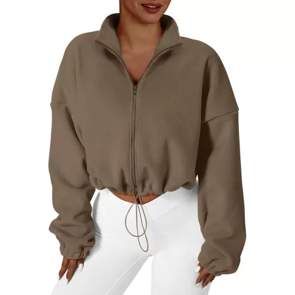imageANRABESS Womens Full Zip Cropped Fleece Sherpa Jackets Oversized Long Sleeve Workout 2023 Fall Winter Coats OutwearCoffee