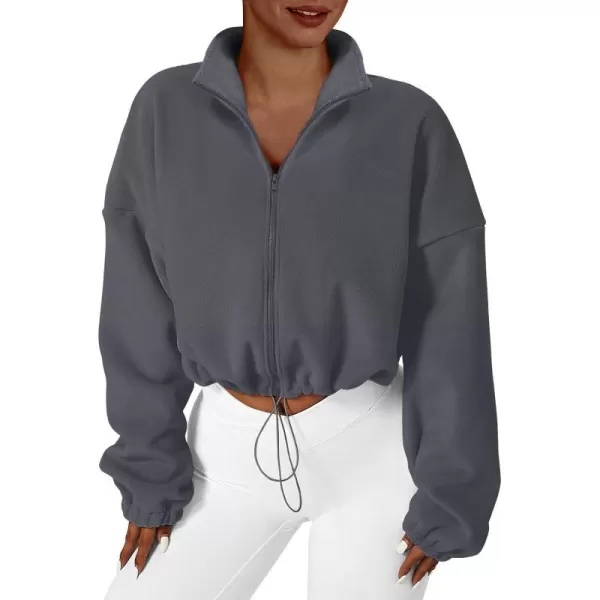 imageANRABESS Womens Full Zip Cropped Fleece Sherpa Jackets Oversized Long Sleeve Workout 2023 Fall Winter Coats OutwearDark Grey