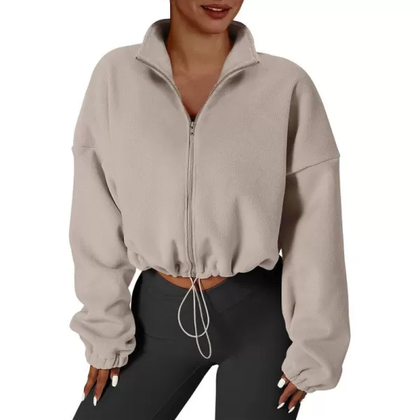 imageANRABESS Womens Full Zip Cropped Fleece Sherpa Jackets Oversized Long Sleeve Workout 2023 Fall Winter Coats OutwearKhaki