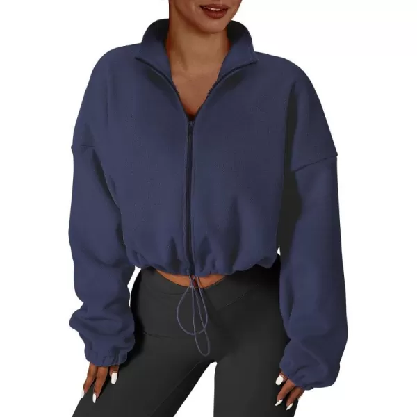 imageANRABESS Womens Full Zip Cropped Fleece Sherpa Jackets Oversized Long Sleeve Workout 2023 Fall Winter Coats OutwearNavy Blue