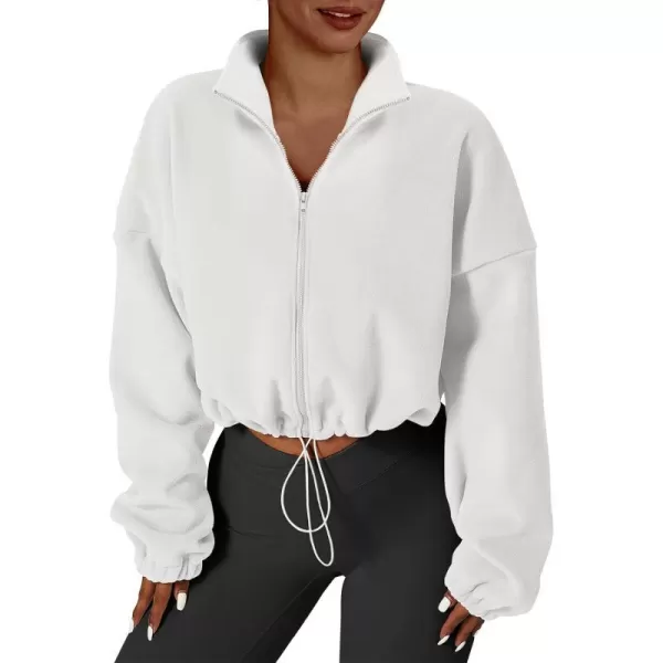 imageANRABESS Womens Full Zip Cropped Fleece Sherpa Jackets Oversized Long Sleeve Workout 2023 Fall Winter Coats OutwearWhite