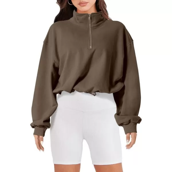 imageANRABESS Womens Half Zip Crop Sweatshirt Workout Hoodie High Neck Long Sleeve Athletic ClothesBrown