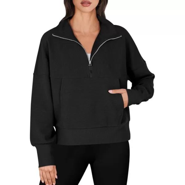 imageANRABESS Womens Half Zip Sweatshirt Cropped Pullover Casual Fleece Ribbed Knit Top 2023 Fall Fashion Sweater HoodiesBlack