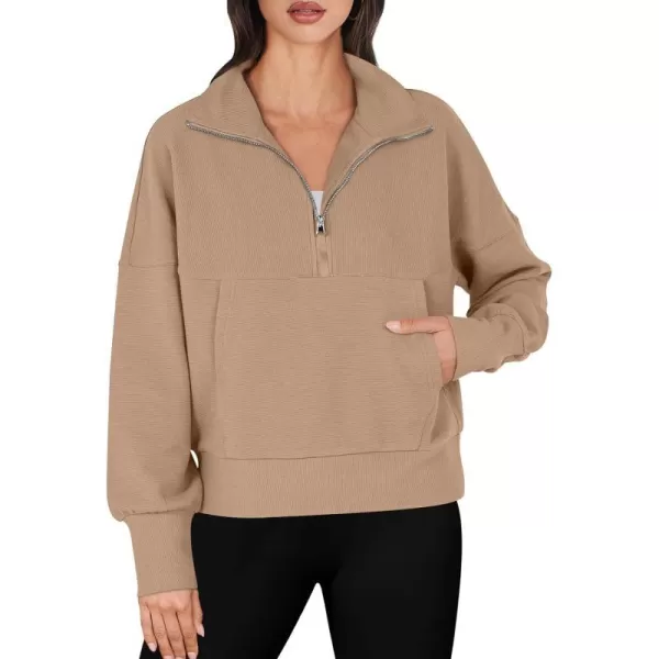 imageANRABESS Womens Half Zip Sweatshirt Cropped Pullover Casual Fleece Ribbed Knit Top 2023 Fall Fashion Sweater HoodiesLight Khaki