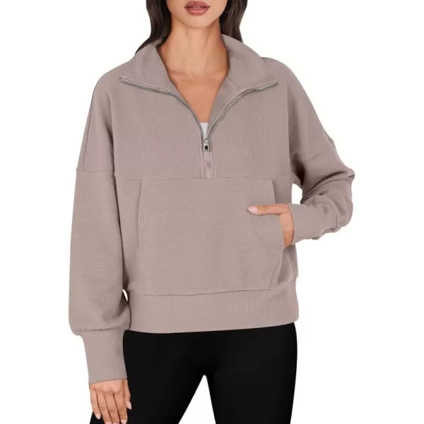 imageANRABESS Womens Half Zip Sweatshirt Cropped Pullover Casual Fleece Ribbed Knit Top 2023 Fall Fashion Sweater HoodiesRed Apricot