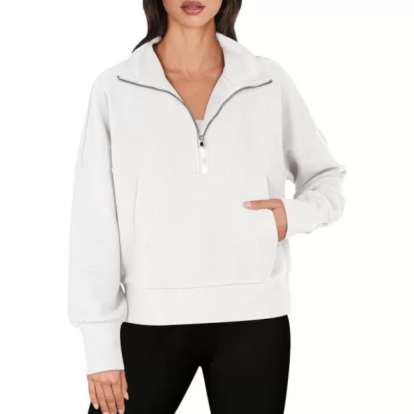 imageANRABESS Womens Half Zip Sweatshirt Cropped Pullover Casual Fleece Ribbed Knit Top 2023 Fall Fashion Sweater HoodiesWhite