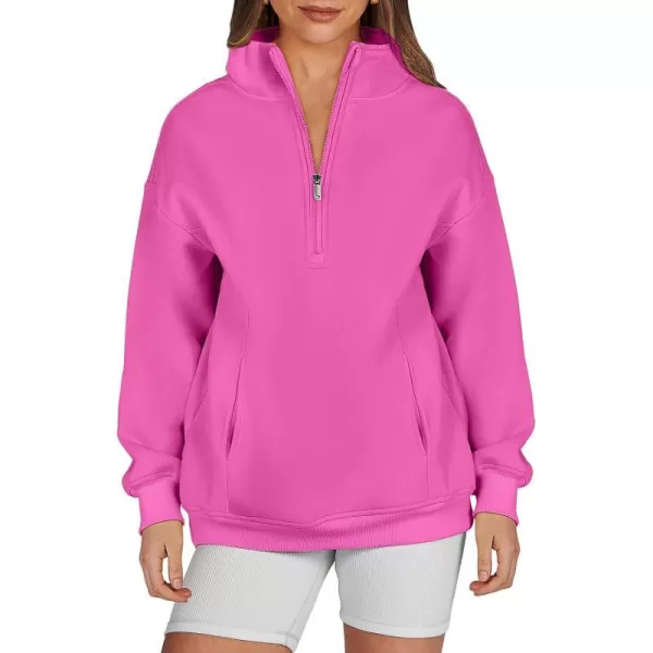 imageANRABESS Womens Half Zip Sweatshirt Oversized Long Sleeve Hoodies Chunky 2023 Trendy Winter Outfits Clothes with PocketsHot Pink