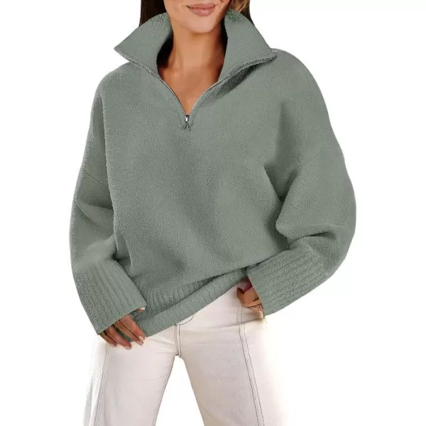 imageANRABESS Womens Half Zip V Neck Oversized Sweater Fall 2023 Fuzzy Knit Chunky Warm Pullover SweatersArmy Green