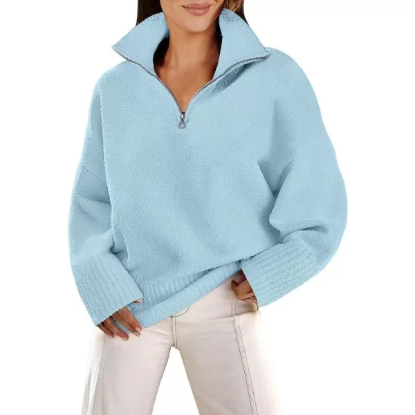 imageANRABESS Womens Half Zip V Neck Oversized Sweater Fall 2023 Fuzzy Knit Chunky Warm Pullover SweatersBlue