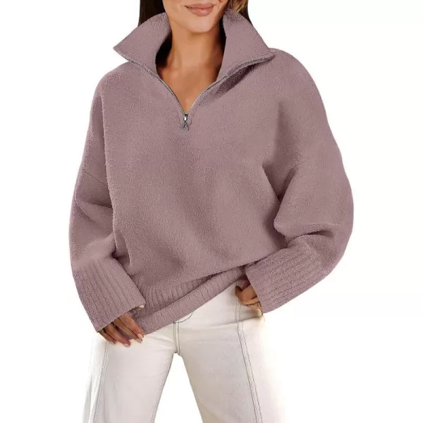 imageANRABESS Womens Half Zip V Neck Oversized Sweater Fall 2023 Fuzzy Knit Chunky Warm Pullover SweatersGray Purple