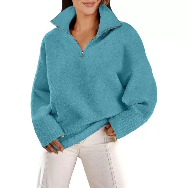 imageANRABESS Womens Half Zip V Neck Oversized Sweater Fall 2023 Fuzzy Knit Chunky Warm Pullover SweatersLake